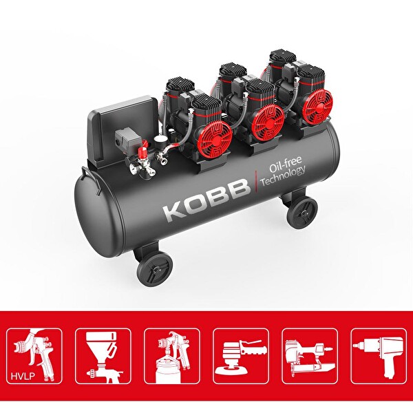Kobb KBK100S 6.0HP 100 LT 8Bar Üç Motorlu Yağsız Sessiz Taşınabilir Hava Kompresörü