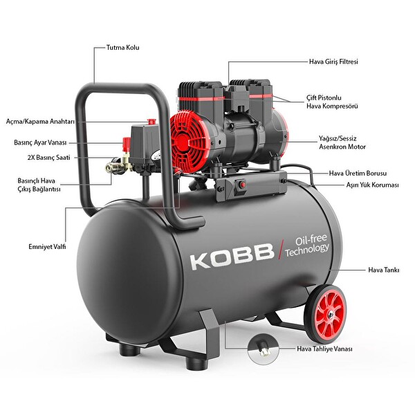 Kobb KBK50S 2.0HP 50 LT 8Bar Yağsız Sessiz Taşınabilir Hava Kompresörü