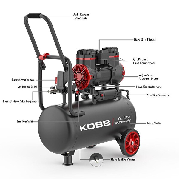 Kobb KBK25S 1.7HP 25 LT 8Bar Yağsız Sessiz Taşınabilir Hava Kompresörü