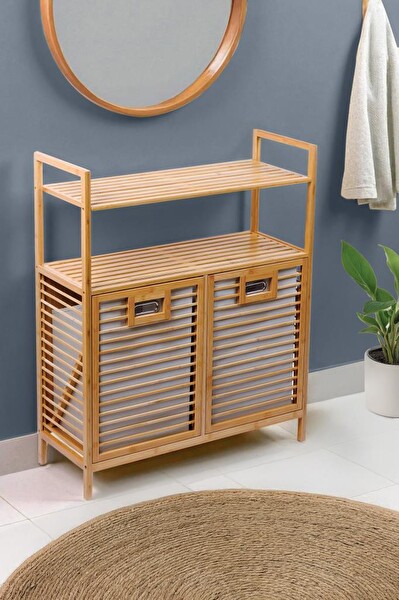 DigitHome DB-0040 Bambu 2'li Sepetli 2 Raflı Çok Amaçlı Banyo Düzenleyici Çamaşır Sepeti