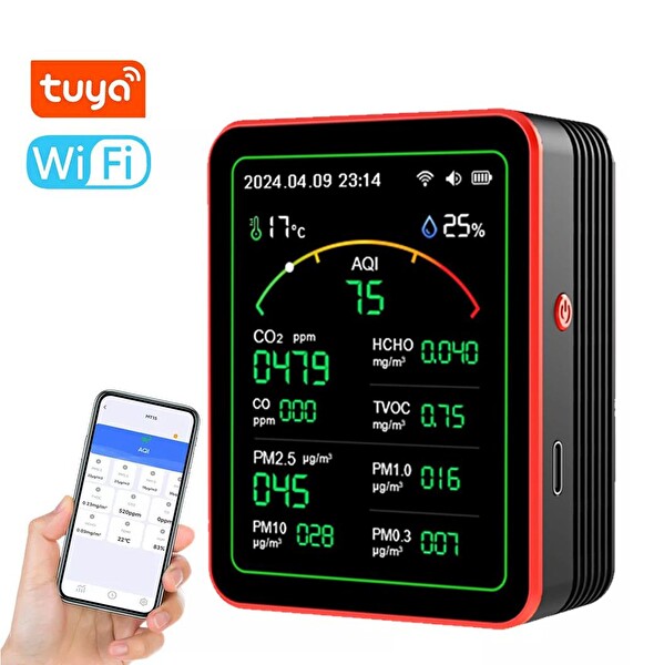 Aek-Tech 15'li AQI TEMP HUMI CO2 HCHO CO TVOC PM2.5 PM10 PM1.0 PM0.3 Dedektör