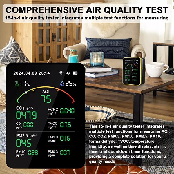 Aek-Tech 15'li AQI TEMP HUMI CO2 HCHO CO TVOC PM2.5 PM10 PM1.0 PM0.3 Dedektör