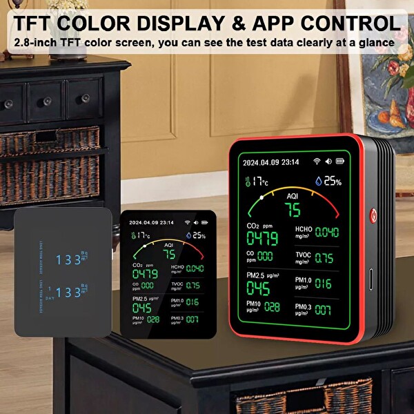 Aek-Tech 15'li AQI TEMP HUMI CO2 HCHO CO TVOC PM2.5 PM10 PM1.0 PM0.3 Dedektör