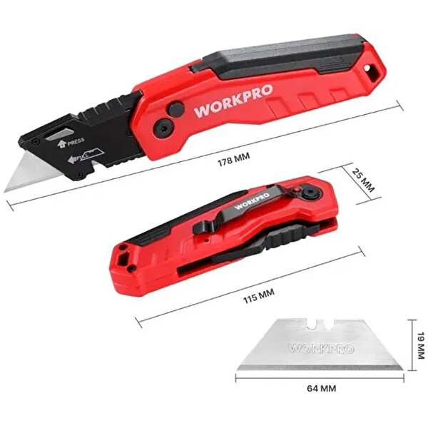 Workpro WP211026 Katlanır Çok Amaçlı Profesyonel Rötuş Maket Bıçağı - 14 Adet Yedek Bıçak