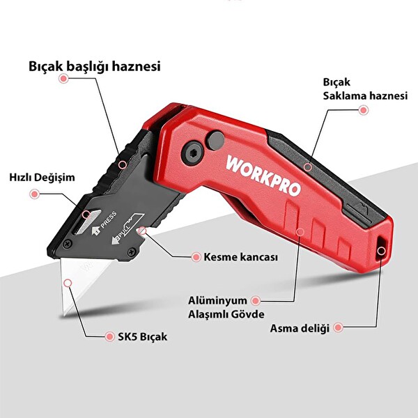 Workpro WP211026 Katlanır Çok Amaçlı Profesyonel Rötuş Maket Bıçağı - 14 Adet Yedek Bıçak