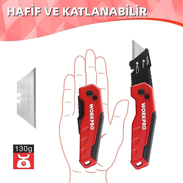 Workpro WP211026 Katlanır Çok Amaçlı Profesyonel Rötuş Maket Bıçağı - 14 Adet Yedek Bıçak