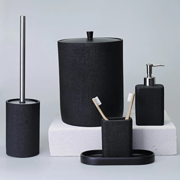 By Selim Linen Siyah 5 Parça Polyester Banyo Seti