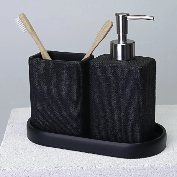 By Selim Linen Siyah 5 Parça Polyester Banyo Seti