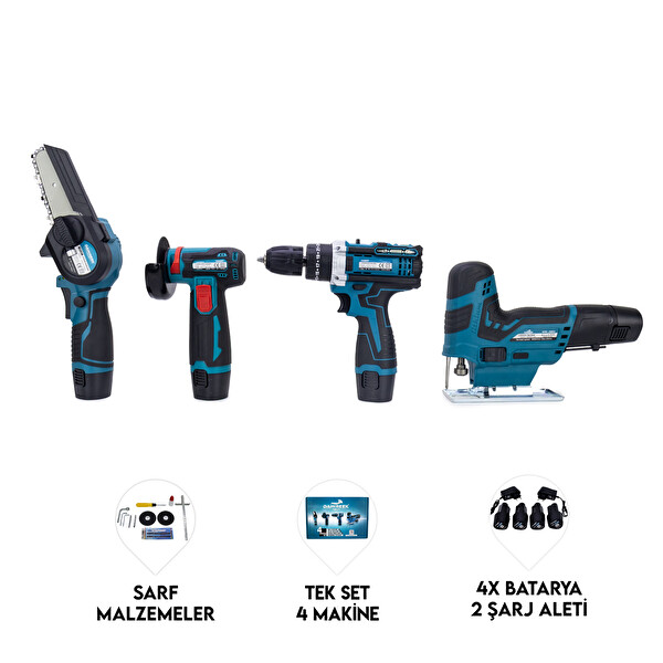 Dawreek Dörtlü Set MKY Mini Testere - Avuç Taşlama - Akülü Vidalama - Dekupaj