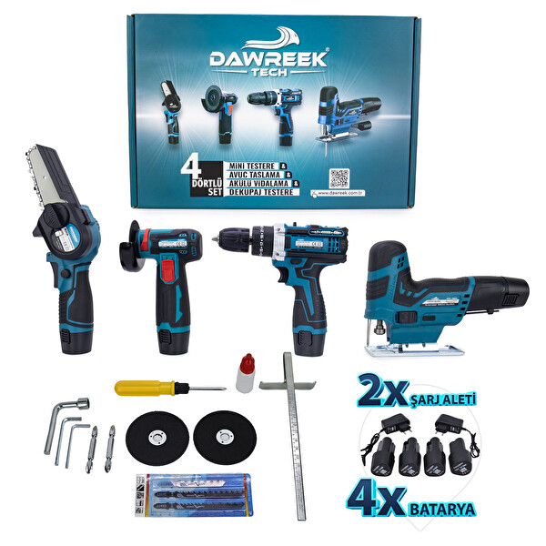 Dawreek Dörtlü Set MKY Mini Testere - Avuç Taşlama - Akülü Vidalama - Dekupaj