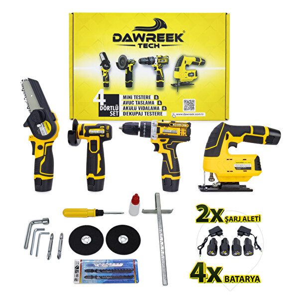 Dawreek Dörtlü Set DW Mini Testere - Avuç Taşlama - Akülü Vidalama - Dekupaj