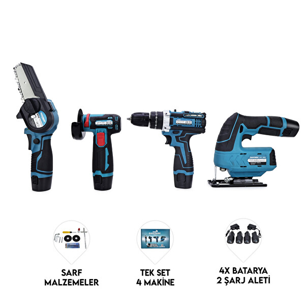Dawreek Dörtlü Set MK Mini Testere - Avuç Taşlama - Akülü Vidalama - Dekupaj