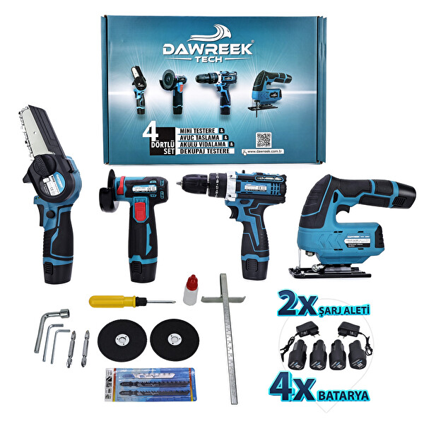 Dawreek Dörtlü Set MK Mini Testere - Avuç Taşlama - Akülü Vidalama - Dekupaj