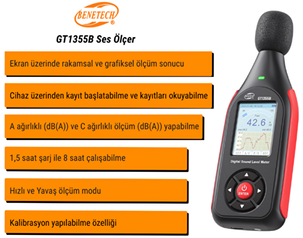 Benetech GT1355B Renkli Ekranlı Kayıt Yapabilen Ses Ölçer