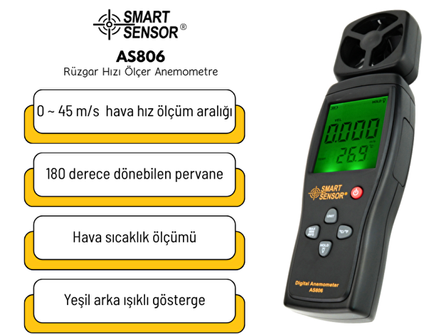 Smart Sensor AS 806 Rüzgar Hızı Ölçer - 0-45 M/s Hava Hızı