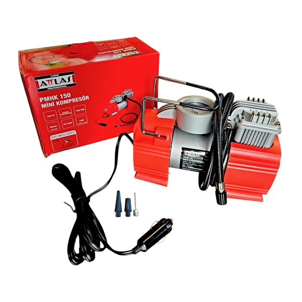 Attlas PMHK 150 Mini Kompresör - Taşınabilir Hava Kompresörü Lastik - Top Şişirme LED Işıklı Aksesuar Setli
