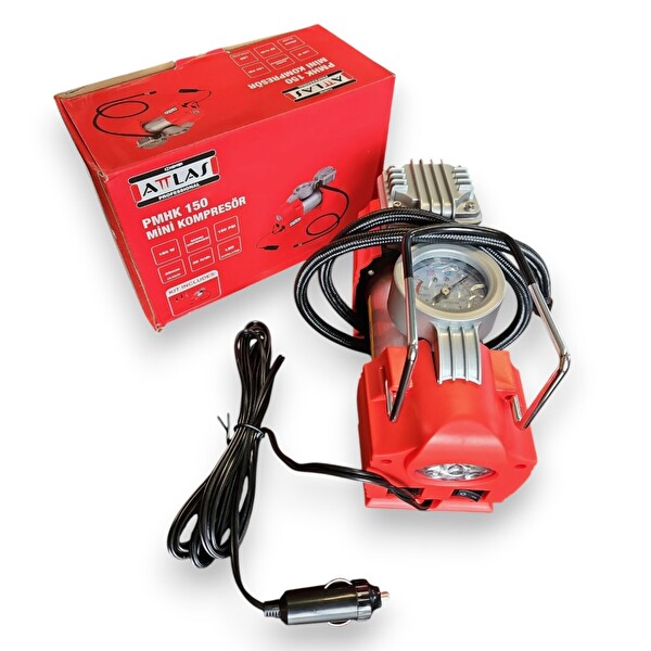 Attlas PMHK 150 Mini Kompresör - Taşınabilir Hava Kompresörü Lastik - Top Şişirme LED Işıklı Aksesuar Setli