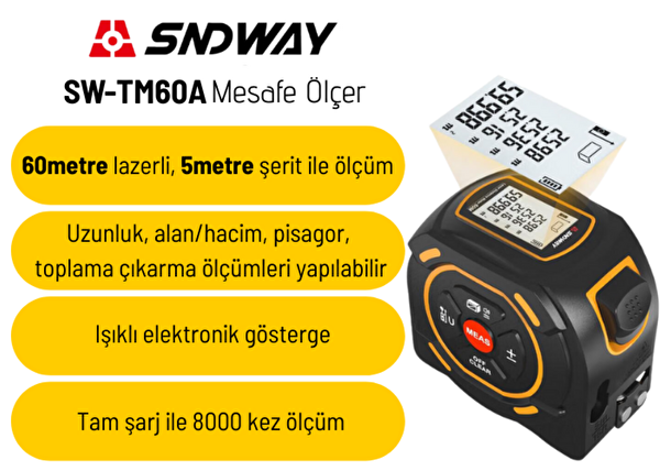 Sndway SW-TM60A Lazer Mesafe Ölçerli Şerit Metre 60M - 5M