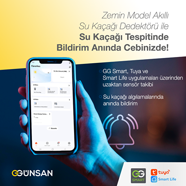 Günsan Tuya & Smart Life Uyumlu Akıllı Wifi Su Kaçağı Dedektörü - Zemin