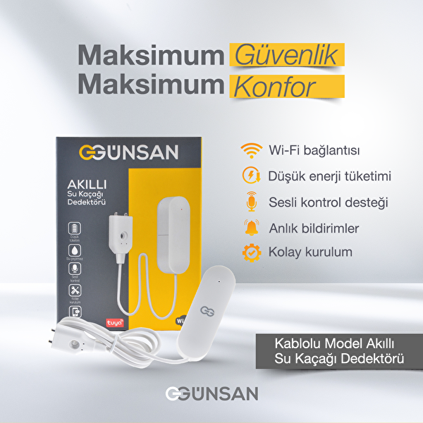 Günsan Akıllı Wifi Kablolu Su Kaçağı Dedektörü - Tuya & Smart Life Uyumlu