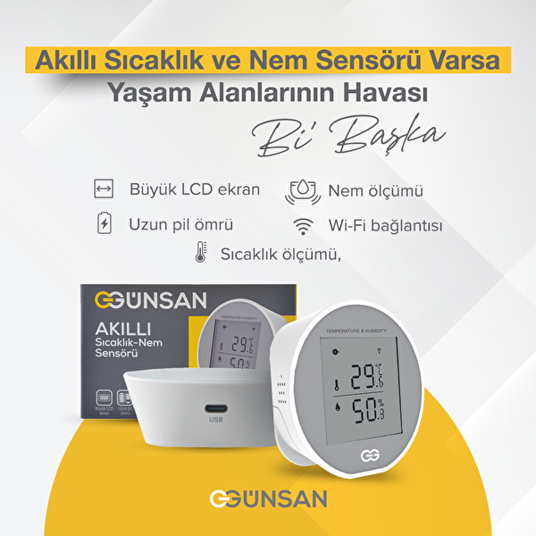 Günsan Tuya - Smart Life Uyumlu Akıllı Wifi Sıcaklık ve Nem Sensörü