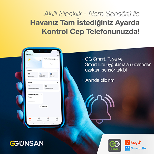 Günsan Tuya - Smart Life Uyumlu Akıllı Wifi Sıcaklık ve Nem Sensörü