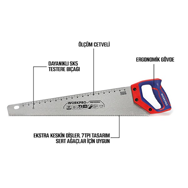 Workpro WP215007 500 MM SK5 7 TPI Ağır Hizmet Tipi El Testeresi