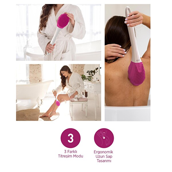 House Pratik HP87 Şarjlı Silikon Duş Fırçası 3 Mod Titreşimli Vücut Temizleme Fırçası Pembe