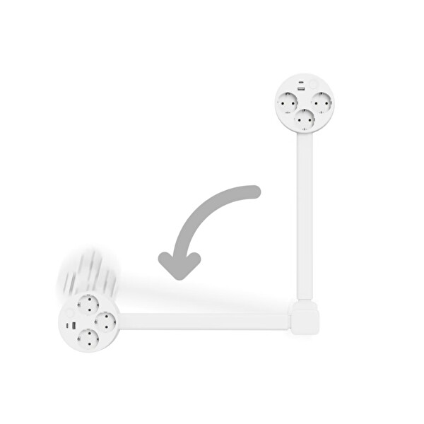 Elinux USB-A ve USB-C Portlu 3 AC Çıkışlı 180 Derece Dönebilen Beyaz 67 CM Genişletilebilir Dönen Priz