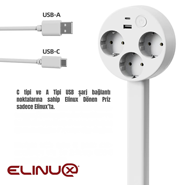 Elinux USB-A ve USB-C Portlu 3 AC Çıkışlı 180 Derece Dönebilen Beyaz 67 CM Genişletilebilir Dönen Priz