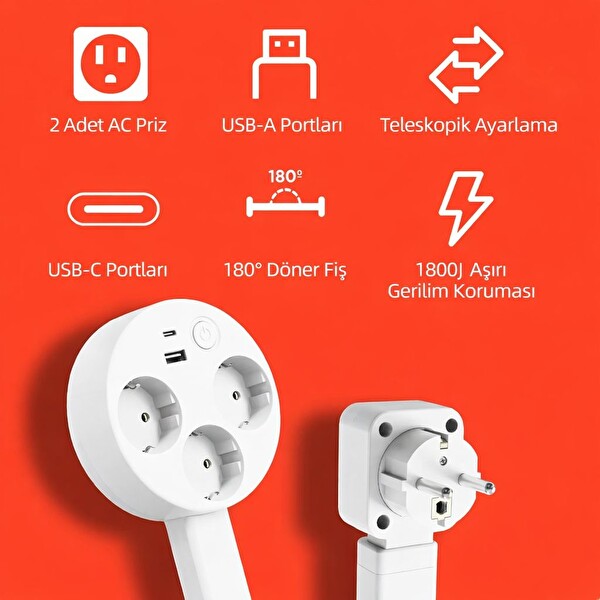 Elinux USB-A ve USB-C Portlu 3 AC Çıkışlı 180 Derece Dönebilen Beyaz 67 CM Genişletilebilir Dönen Priz
