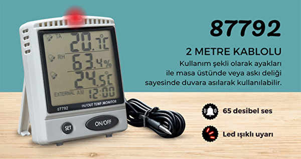 AZ Instruments 87792 Alarmlı İç Ve Dış Sıcaklık Göstergesi İç Nem Ölçerli Termometre