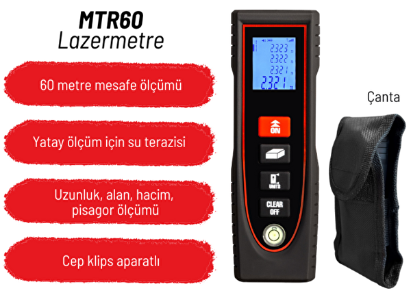 Texta MTR60 Klipsli Lazerli Mesafe Ölçer 60 Metre Ölçüm Mesafesi