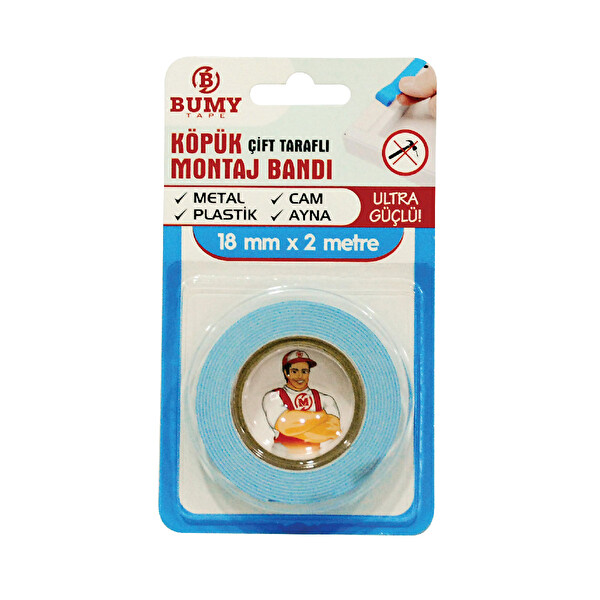 Bumy Çift Taraflı Köpük Montaj Bandı 18 MM x 2 M Beyaz
