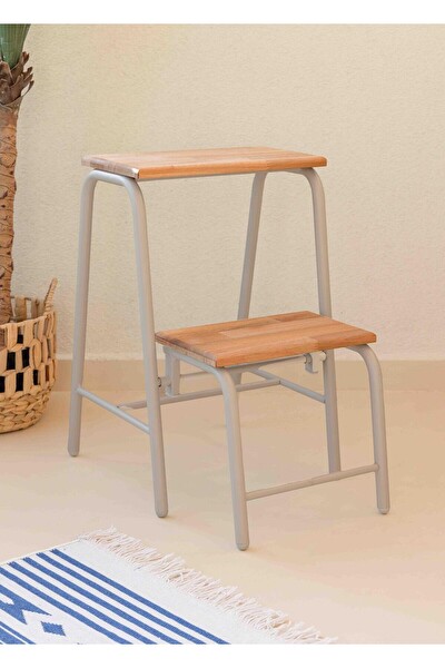 The Mia Ahşap Metal 2 Basamaklı Pratik Tabure Merdiven Gri