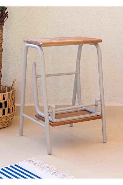 The Mia Ahşap Metal 2 Basamaklı Pratik Tabure Merdiven Gri