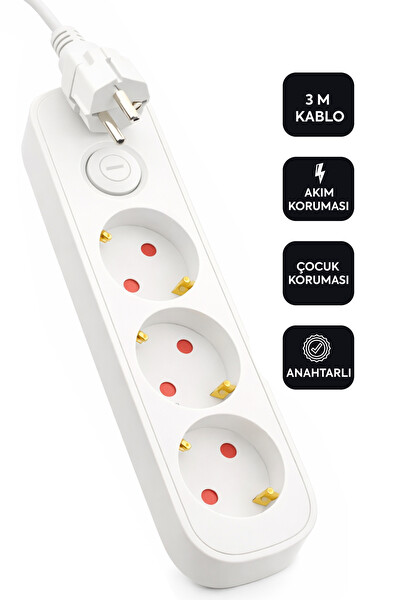 Walke Akım Korumalı Anahtarlı Kablolu Üçlü Grup Priz Siyah 3 Metre Beyaz
