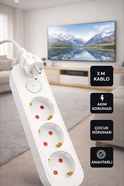 Walke Akım Korumalı Anahtarlı Kablolu Üçlü Grup Priz Siyah 3 Metre Beyaz