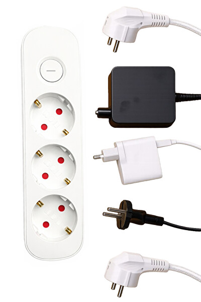 Walke Akım Korumalı Anahtarlı Kablolu Üçlü Grup Priz Siyah 3 Metre Beyaz