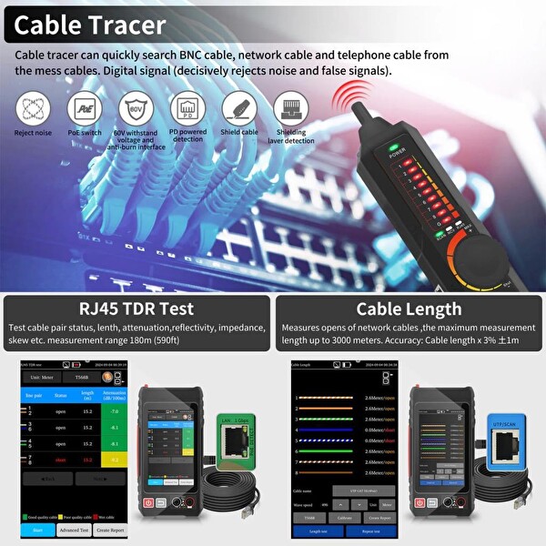 Electroon AS326 RJ45 Poe Uyumlu - Multimetre Çok Fonksiyonlu Fiber Kablo Test Cihazı