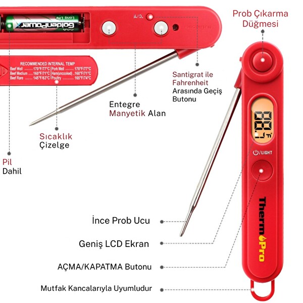 Thermopro TP03B Katlanabilir Profesyonel Gıda Pişirme Ölçüm Termometresi