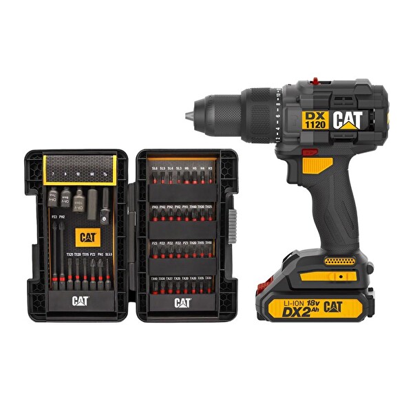 Cat DX1120 18 V 2.0Ah Li-ion Çift Akülü Kömürsüz Profesyonel Şarjlı Darbeli Matkap - DA01902 45 Parça Vidalama Uç Seti