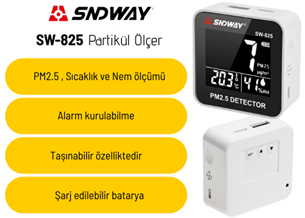 Sndway SW-825 PM2.5 Partikül Ölçer Sıcaklık ve Nem Monitörü