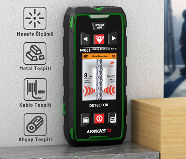 Sndway SW-6100GT Duvar Metal-Ahşap Dedektörü ve Lazer Mesafe Ölçer 120 M