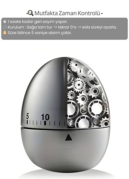 Jet's Home Mutfak Zamanlayıcı Zil Mekanik Geri Sayım Alarmı Paslanmaz Çelik 60 Dakika Yemek Süre Ölçme
