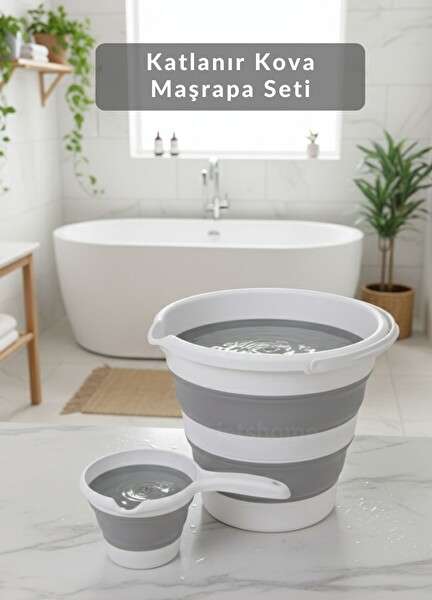 Jet's Home 2’li Katlanır Akordiyon Kova & Maşrapa Seti - Yer Tasarruflu Gri-Beyaz Renk