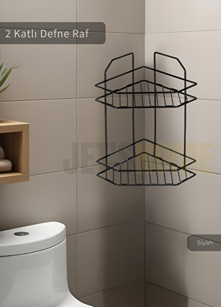 Jet's Home Banyo Rafı Mutfak Rafı Paslanmaz Baharatlık 2 Katlı Köşelik Şampuanlık Siyah