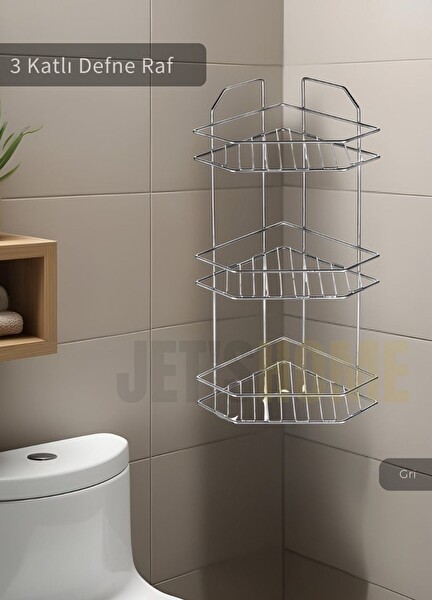 Jet's Home Banyo Rafı Mutfak Rafı Paslanmaz Baharatlık 3 Katlı Köşelik Şampuanlık Krom