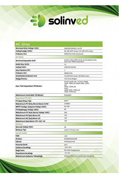 Solined 6 kW Gordion Serisi MPPT Off-Grid Inverter 48V