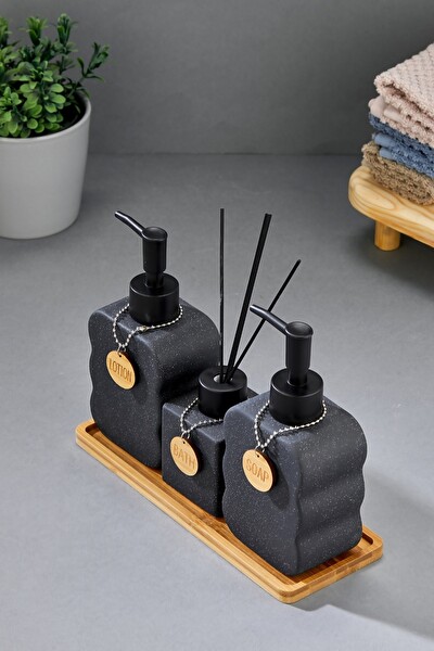 Cooker 3'lü 300 ML Seramik Bambu Standlı Banyo Seti CKR3883